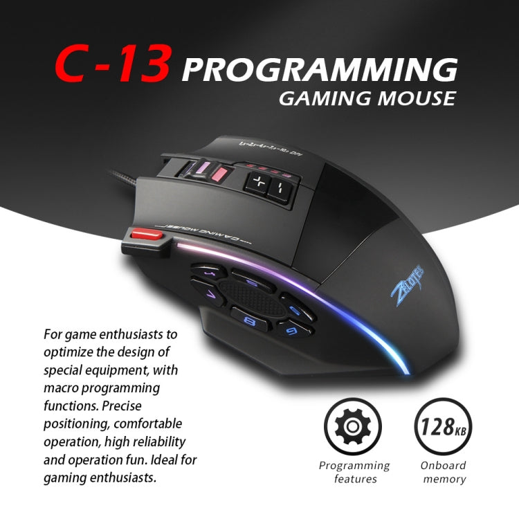 ZELOTES C13 13-keys RGB Lighting Effect Programming Macro Custom Gaming Wired Mouse - Black