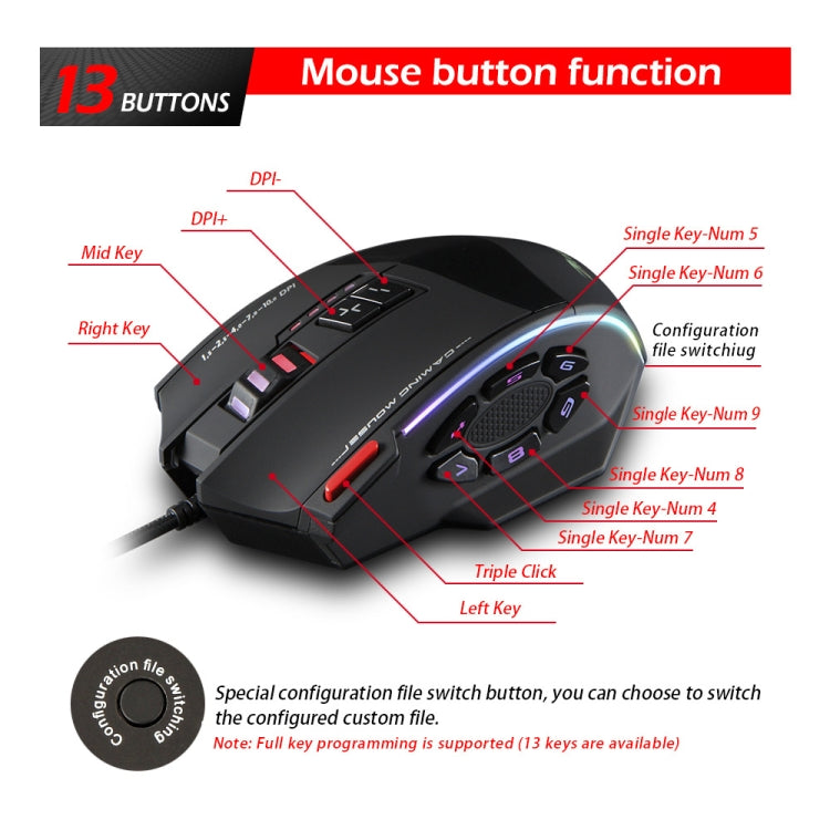 ZELOTES C13 13-keys RGB Lighting Effect Programming Macro Custom Gaming Wired Mouse - Black