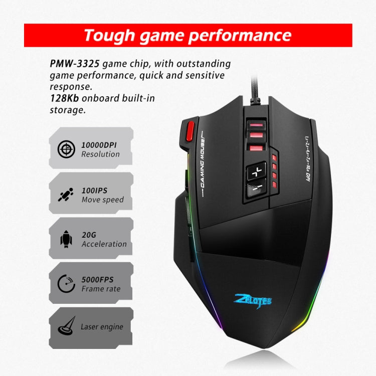 ZELOTES C13 13-keys RGB Lighting Effect Programming Macro Custom Gaming Wired Mouse - Black