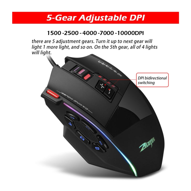 ZELOTES C13 13-keys RGB Lighting Effect Programming Macro Custom Gaming Wired Mouse - Black