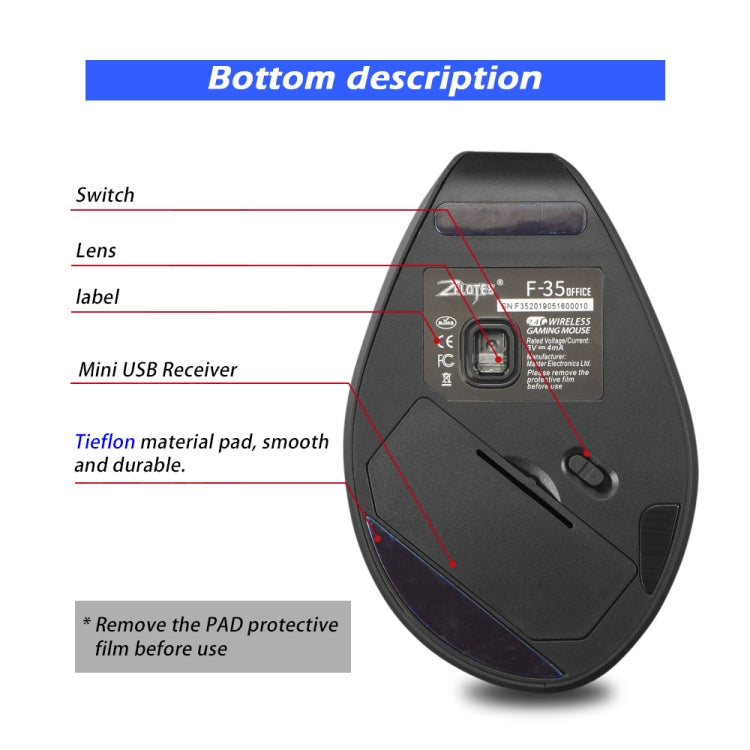 ZELOTES F-35A 6-Buttons Vertical Grip Ergonomic Rechargeable Wireless Mouse - Wireless Version