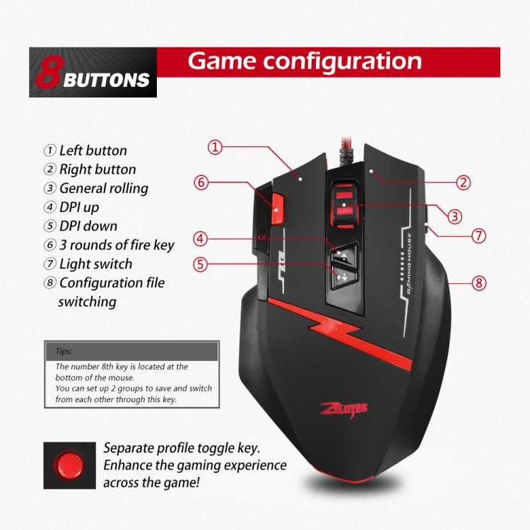 ZELOTES C8 8-buttons Ergonomic Game Programming Custom Wired Mouse - Black