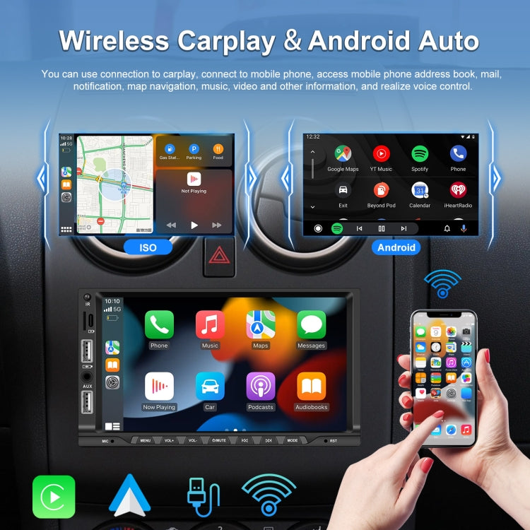 7-inch Double Din Car MP5 Player Support CarPlay/Android Auto/Mirror Link/Bluetooth With 12-light Camera