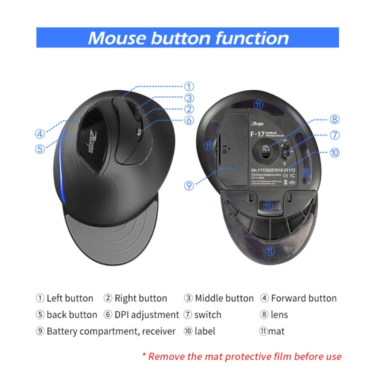 ZELOTES F17 6-buttons Vertical Grip Ergonomic Wireless Mouse - Black