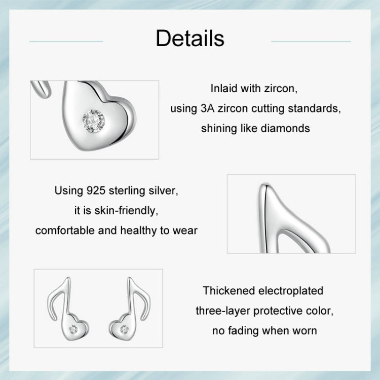 S925 Sterling Silver Platinum-plated Heart Note Zircon Earrings - SCE1805