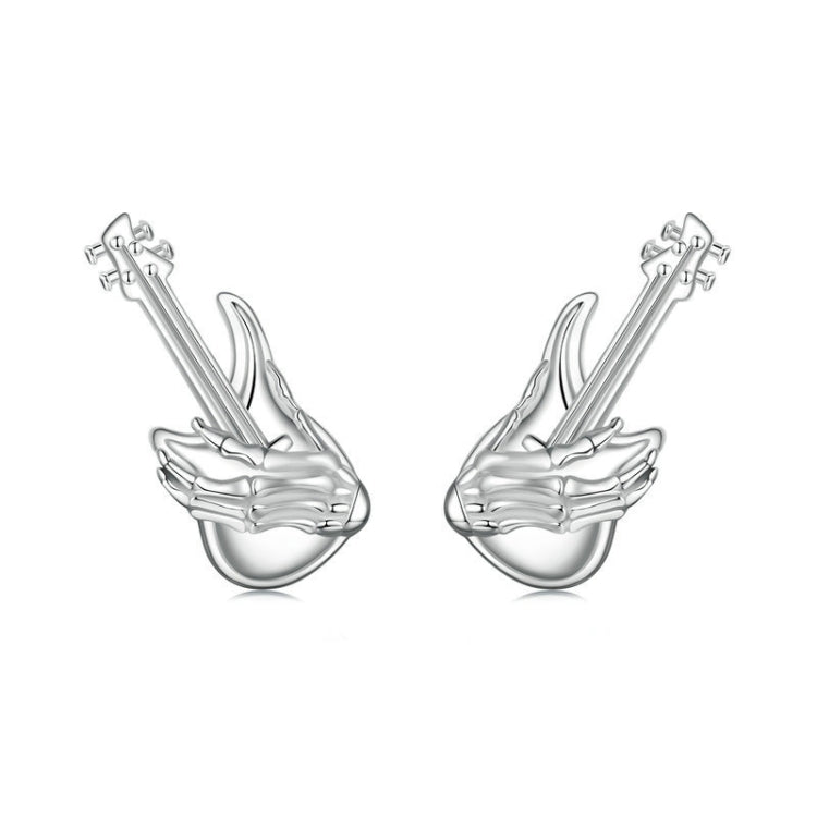 S925 Sterling Silver Platinum-plated Skeleton Hand Bass Earrings - SCE1806