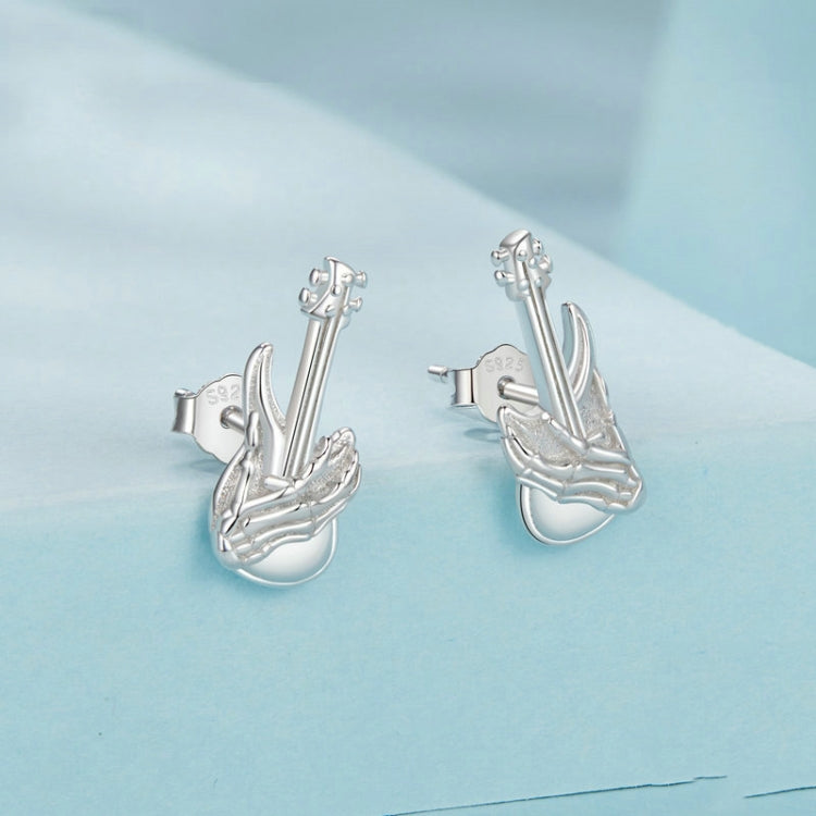 S925 Sterling Silver Platinum-plated Skeleton Hand Bass Earrings - SCE1806