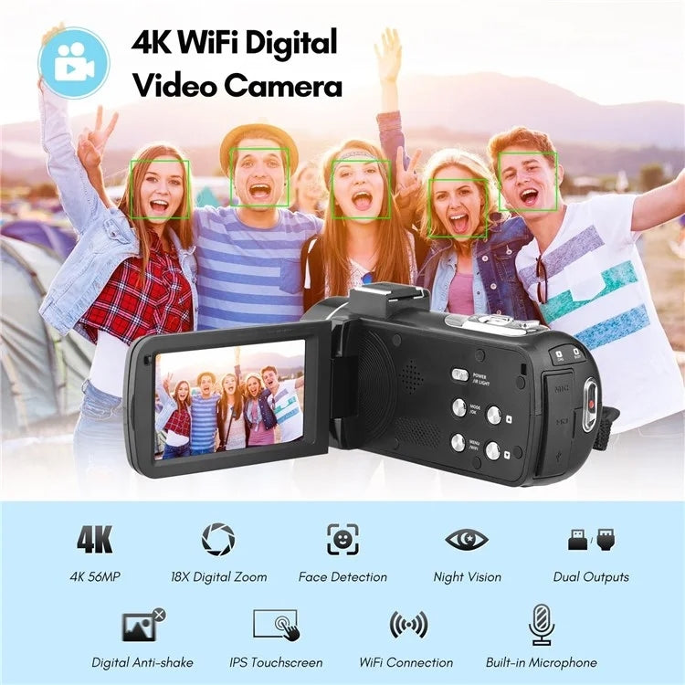 4K  Digital Video Camera 3 Inch IPS Touch Screen 56MP 18X Digital Zoom WiFi Camcorder, Spec: Set 1