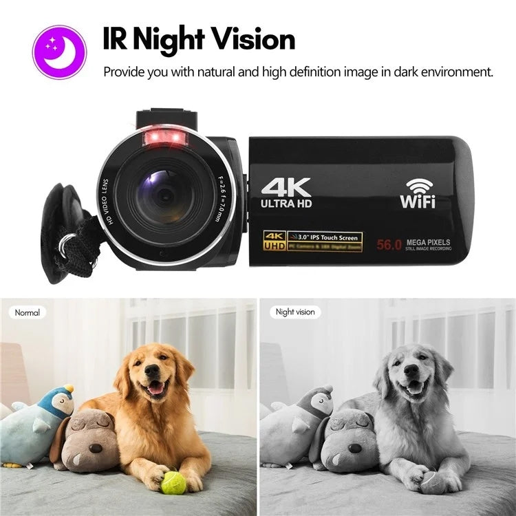 4K  Digital Video Camera 3 Inch IPS Touch Screen 56MP 18X Digital Zoom WiFi Camcorder, Spec: Standard