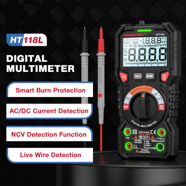 HABOTEST HT118L Mini High Precision Intelligent Anti-Burning Electrician Multimeter - Black