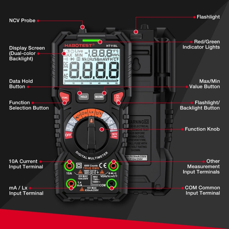 HABOTEST HT118L Mini High Precision Intelligent Anti-Burning Electrician Multimeter - Black