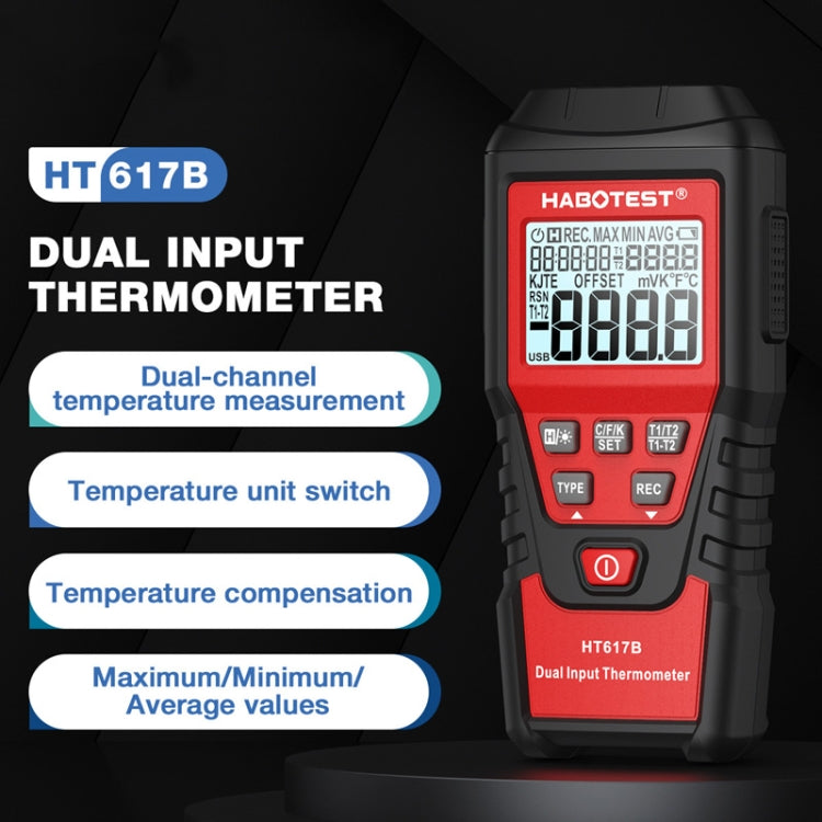 HABOTEST HT617B Digital Dual Channel Thermocouple Thermometer - Black Red