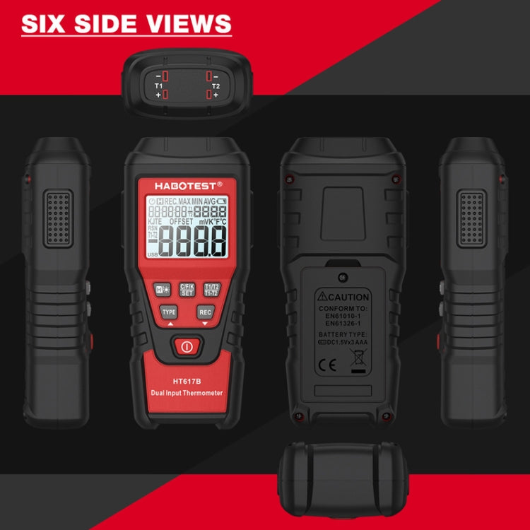 HABOTEST HT617B Digital Dual Channel Thermocouple Thermometer - Black Red