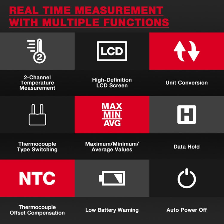 HABOTEST HT617B Digital Dual Channel Thermocouple Thermometer - Black Red