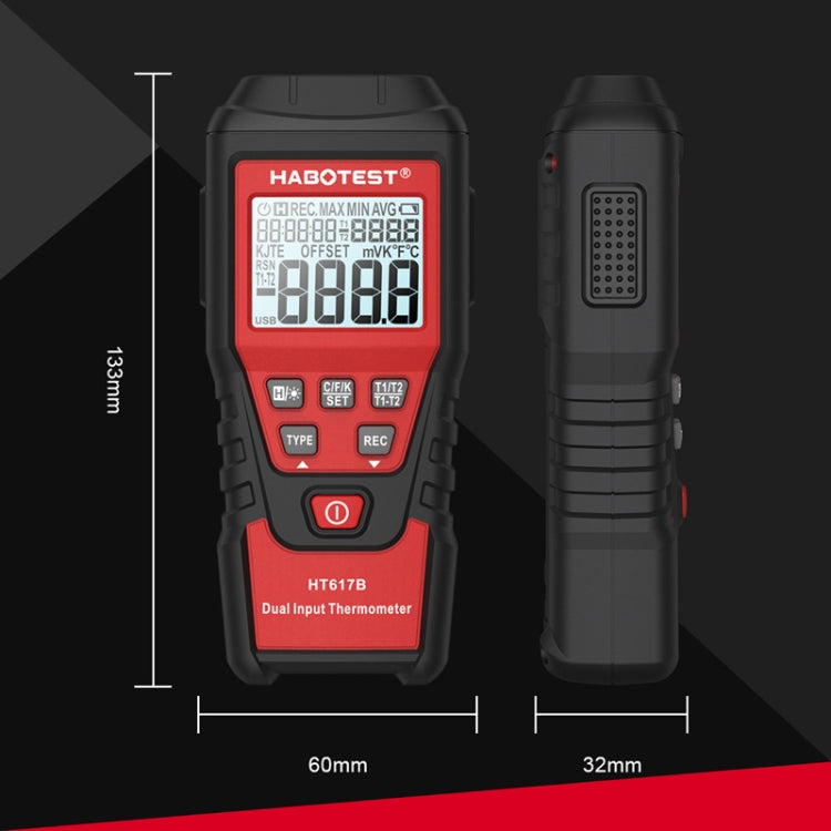 HABOTEST HT617B Digital Dual Channel Thermocouple Thermometer - Black Red
