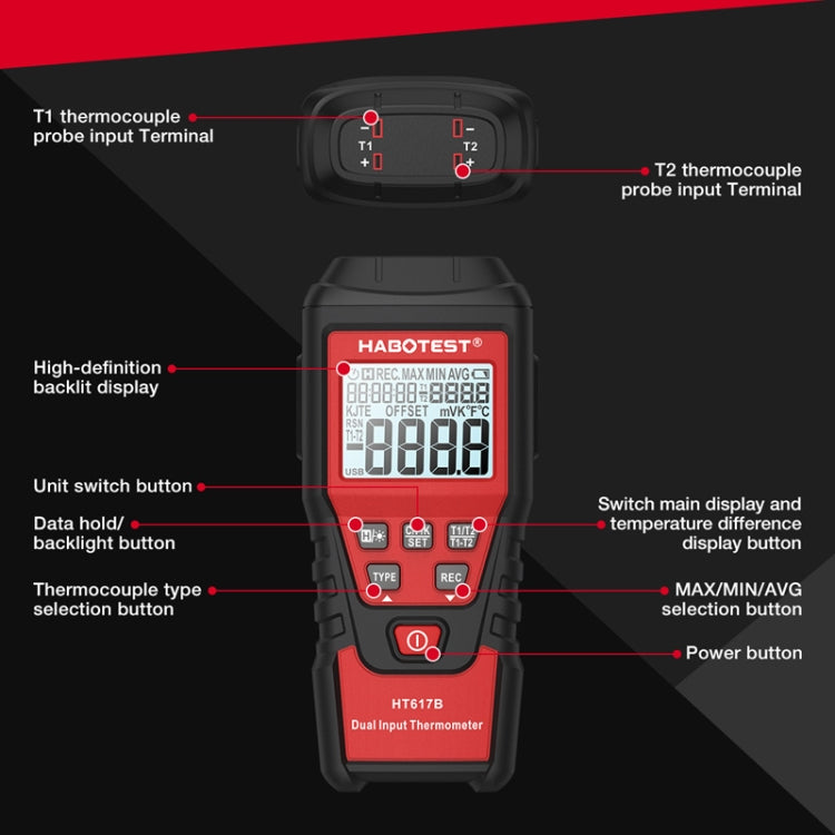 HABOTEST HT617B Digital Dual Channel Thermocouple Thermometer - Black Red