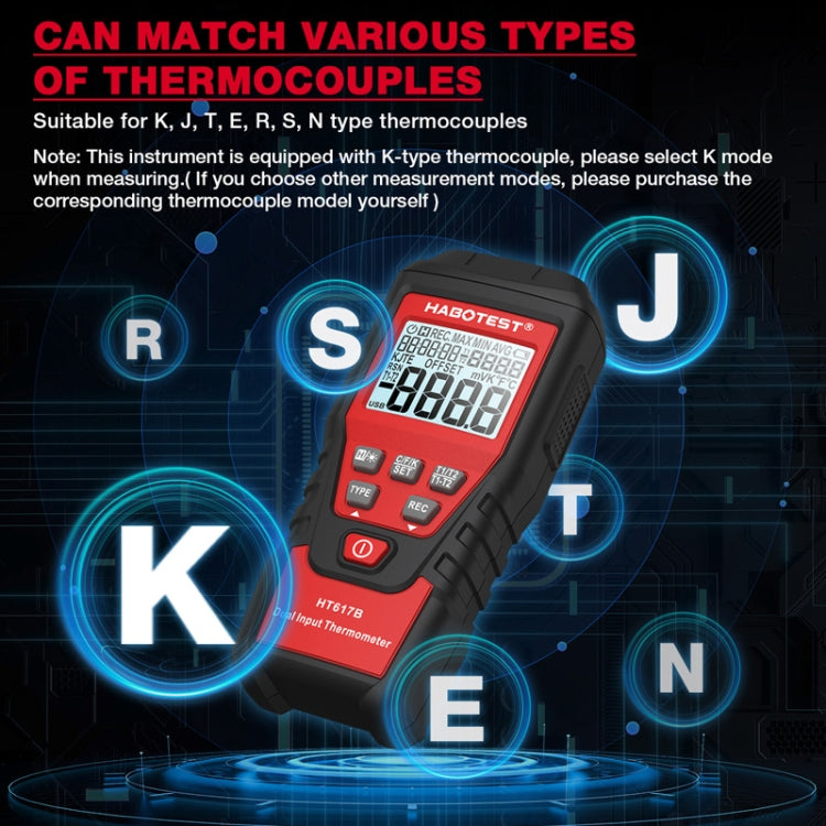 HABOTEST HT617B Digital Dual Channel Thermocouple Thermometer - Black Red