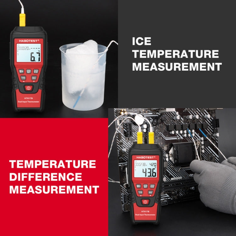HABOTEST HT617B Digital Dual Channel Thermocouple Thermometer - Black Red