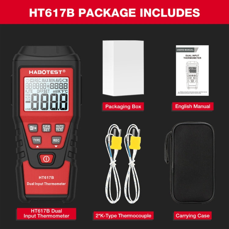 HABOTEST HT617B Digital Dual Channel Thermocouple Thermometer - Black Red