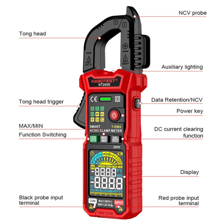 HABOTEST HT205D Clamp Intelligent Anti-Burning Multi-Function High Precision Digital Multimeter - Black Red