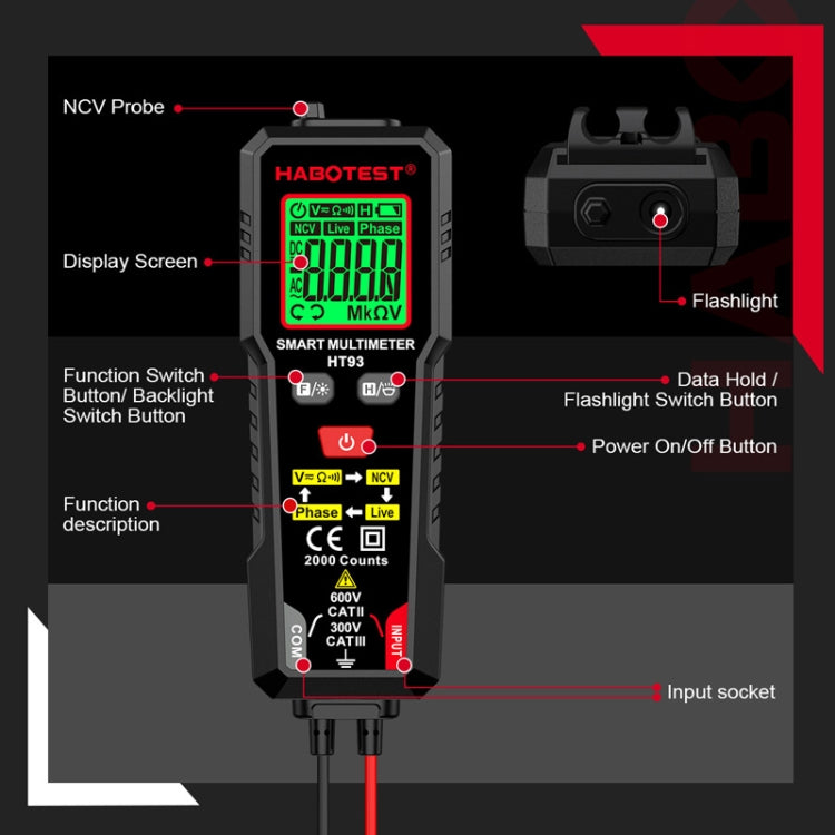 HABOTEST HT93 Phase Sequence Detection Intelligent Anti-Burn-In Fully Automatic Multimeter - Black