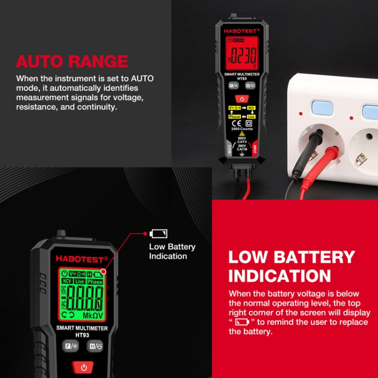 HABOTEST HT93 Phase Sequence Detection Intelligent Anti-Burn-In Fully Automatic Multimeter - Black