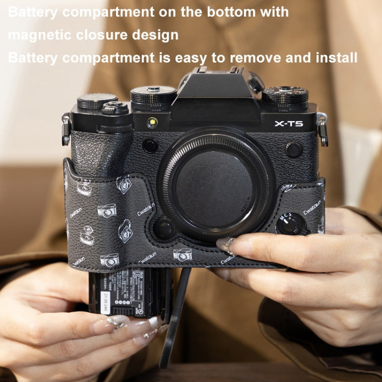 For FUJIFILM X-T5 Cwatcun D161 Vintage Camera Stand Camera Protective Leather Case - Black