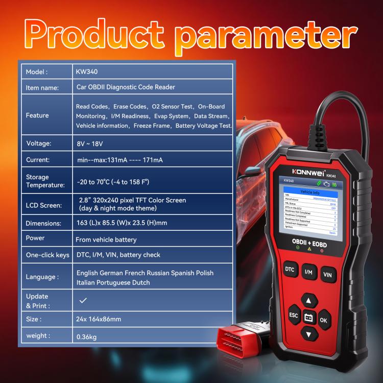 KONNWEI OBDII EOBD CAN Engine Code Reader Car Diagnostic Tool 9 Languages