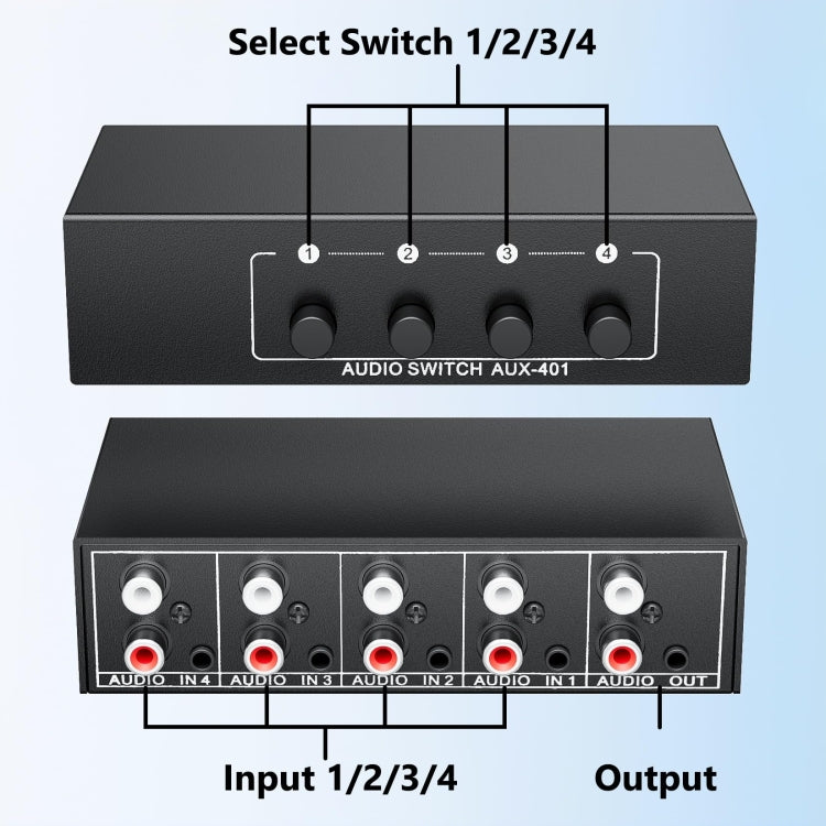 4 In 1 Out  3.5mm + RCA Audio Switcher 4 Channels Audio Converter - Black