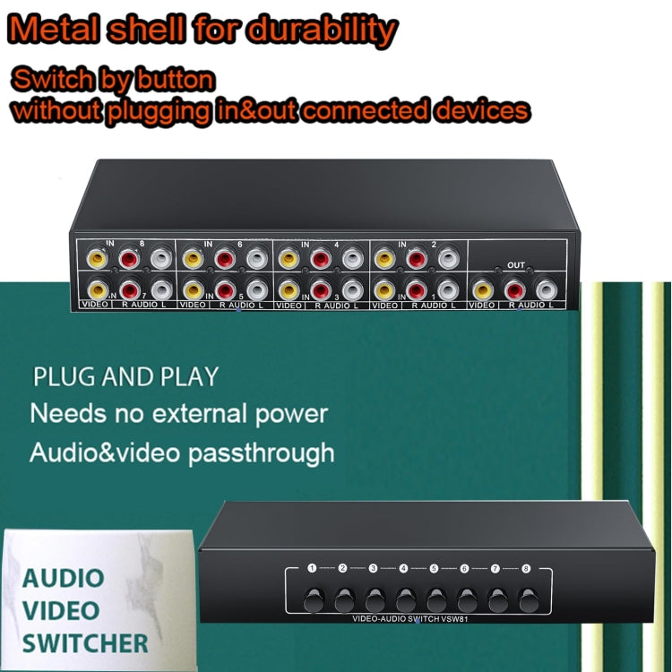 VSW81 AV 8 In 1 Out Audio and Video Switcher RCA Switch Splitter - Black