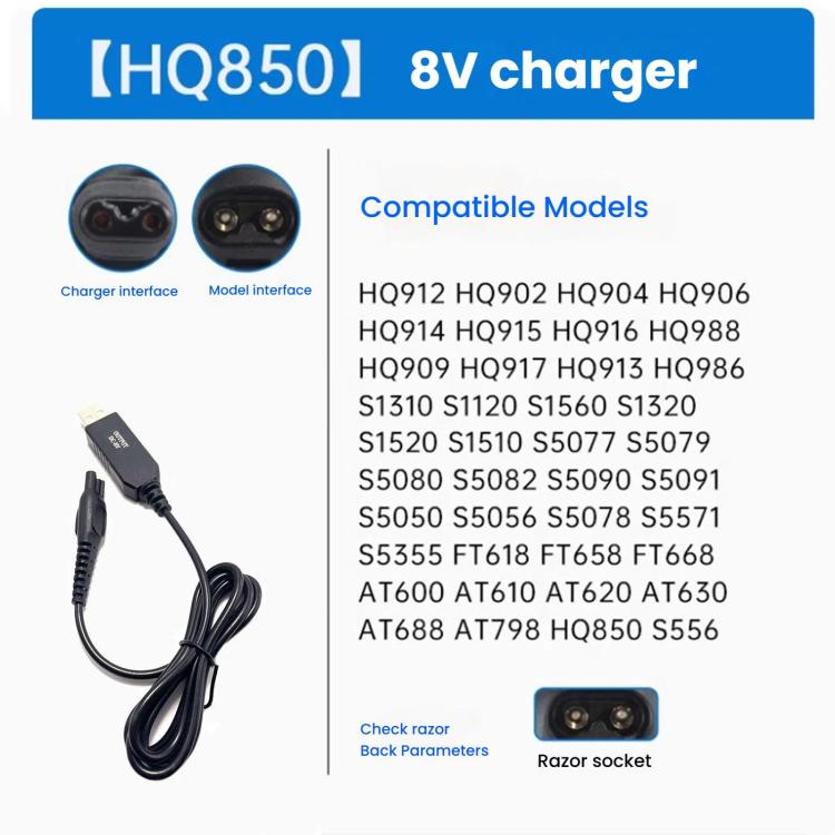 For Philips Shaver HQ850 8V USB Charging Cable Power Cord