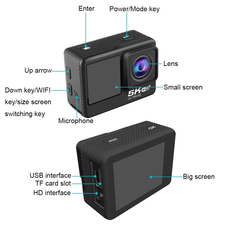 5K/30FPS WIFI HD Anti-Shake Remote Touch Dual-Screen IP68 Waterproof Sports Camera - Microphone Version