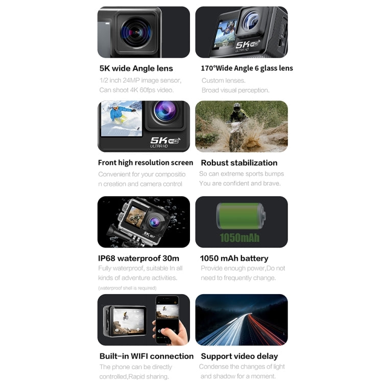 5K/30FPS WIFI HD Anti-Shake Remote Touch Dual-Screen IP68 Waterproof Sports Camera - Microphone Version