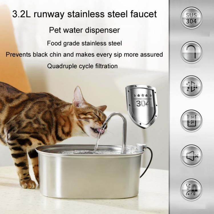3.2L Stainless Steel Faucet Pet Water Fountain Quiet Cats Water Dispenser - USB Port