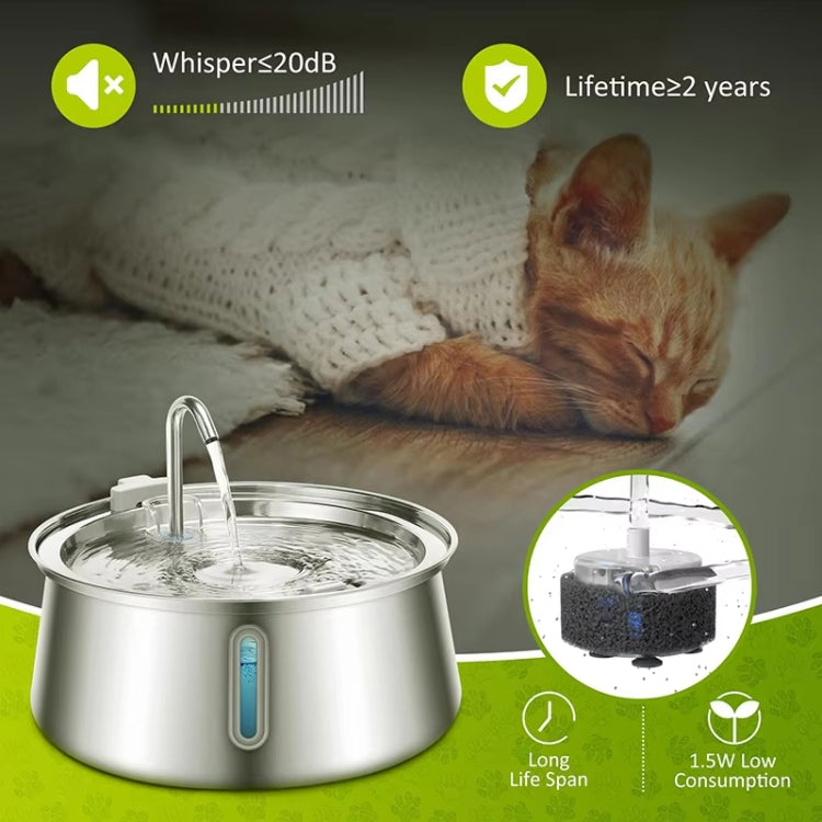 4L Pet Water Dispenser Stainless Steel Cats Water Fountain Large Capacity Automatic Cat Drinker, Style: Without Window - USB Port