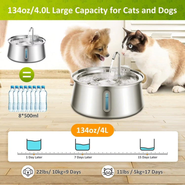 4L Pet Water Dispenser Stainless Steel Cats Water Fountain Large Capacity Automatic Cat Drinker, Style: Without Window - USB Port