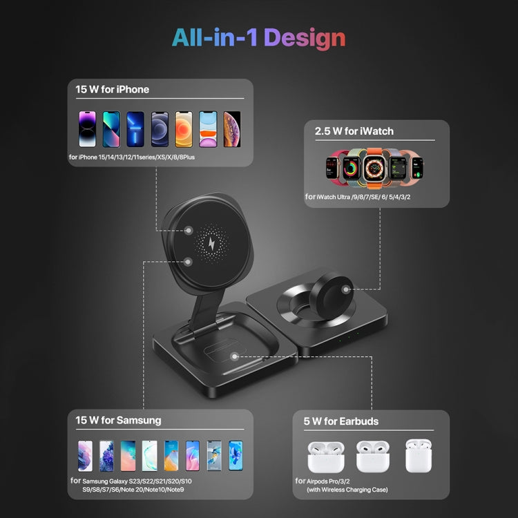 M9 3-In-1 Portable Magnetic Folding Wireless Charger Fast Charging Bracket - Black