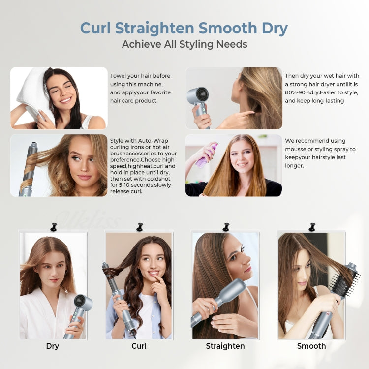 5 in 1 Hot Air Comb Automatic Curling Negative Ion Hair Dryer, Color: Blue Gold US Plug