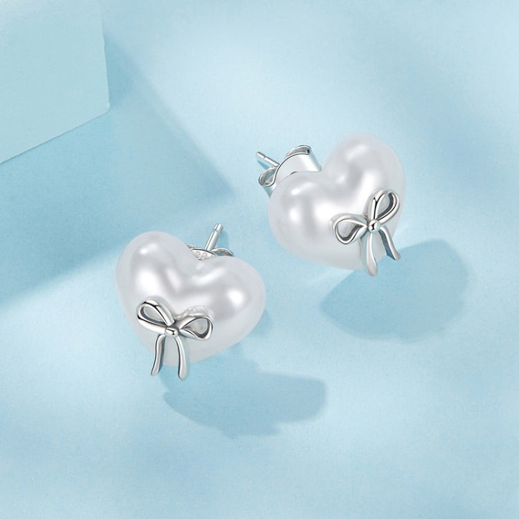 S925 Sterling Silver Platinum-Plated Heart-shaped Earrings Bow Knot Earrings - SCE1810