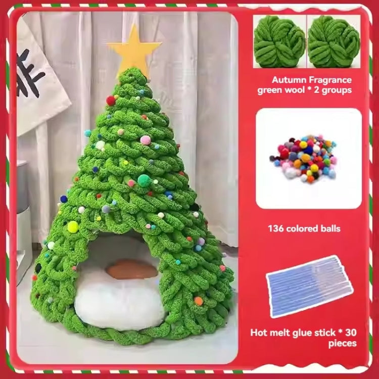 Christmas Tree Cat Nest Handmade DIY Yarn Material Kit Woolen Winter Warm Dog Kennel - Green