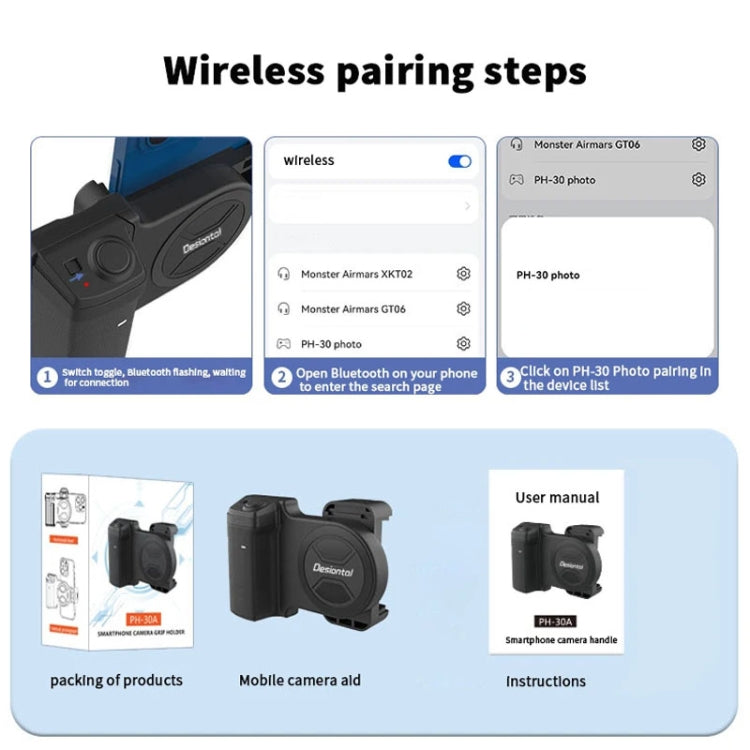 Desiontal PH-30A Mobile Phone Portable Bluetooth Remote Control Live Photo Anti-Shake Camera Aid - Black