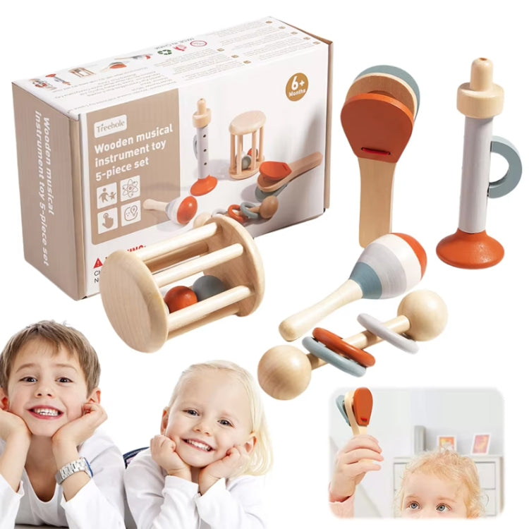 Treehole 5pcs /Set Wooden Baby Hand Grip Bells Rattles Musical Instruments Toddler Early Learning Pacifying Bed Bells Toys