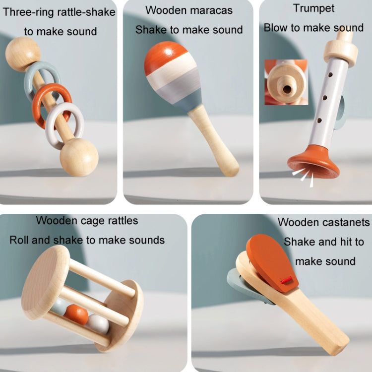 Treehole 5pcs /Set Wooden Baby Hand Grip Bells Rattles Musical Instruments Toddler Early Learning Pacifying Bed Bells Toys