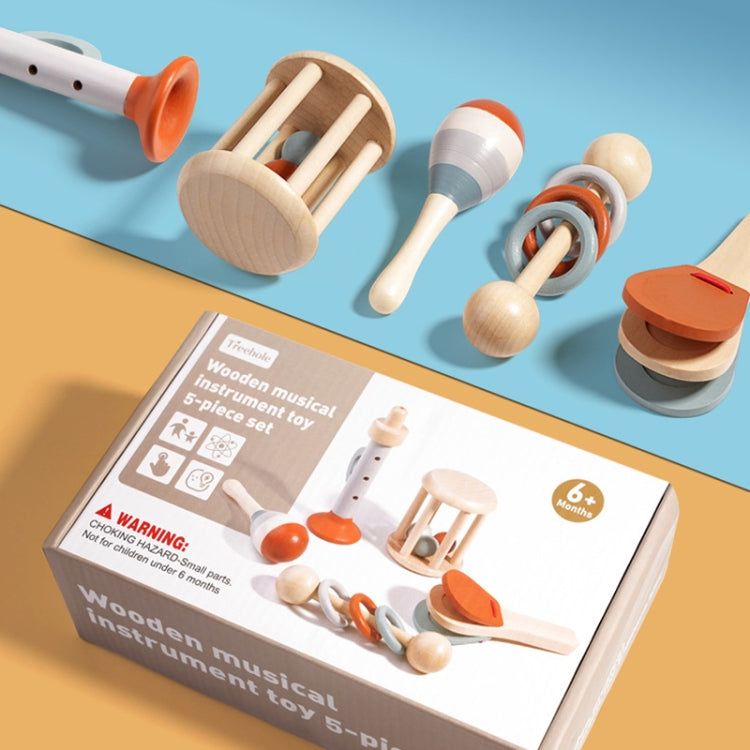Treehole 5pcs /Set Wooden Baby Hand Grip Bells Rattles Musical Instruments Toddler Early Learning Pacifying Bed Bells Toys