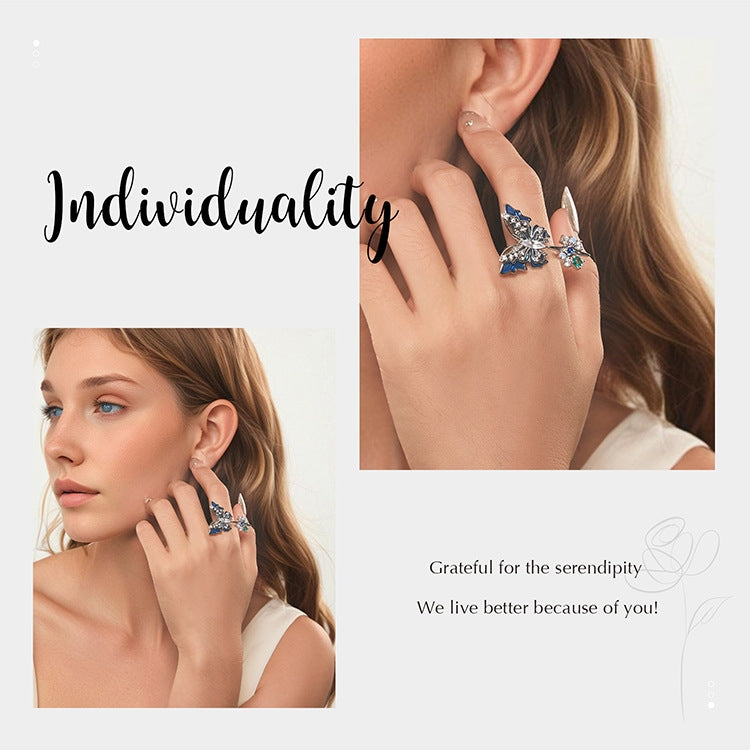 Three-Dimensional Gradient Ice And Snow Butterfly Open Ring Copper Adjustable Retro Ring - YIR247-E