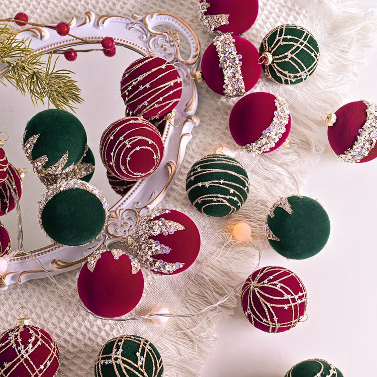 12pcs /Box 6cm Diamond Flocked Christmas Balls Painted Christmas Tree Ornaments
