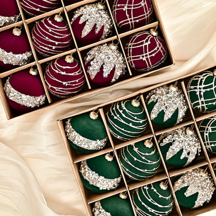 12pcs /Box 6cm Diamond Flocked Christmas Balls Painted Christmas Tree Ornaments