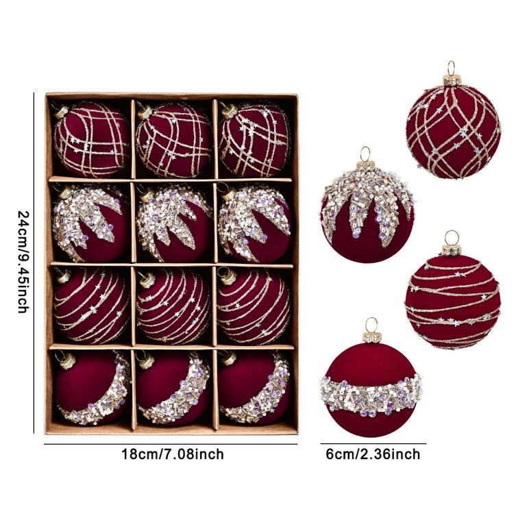 12pcs /Box 6cm Diamond Flocked Christmas Balls Painted Christmas Tree Ornaments