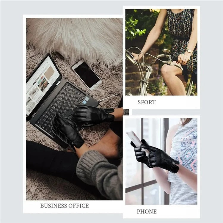 Women Sheepskin Wool Fleece Lined Windproof Warm Gloves Touchscreen Thick Snow Driving Gloves, Size: S