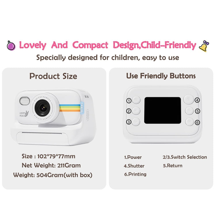 2.0-Inch LED Flash 1080P HD Recording Photo Printing Camera With 3-Rolls Paper, Color: Purple+32G